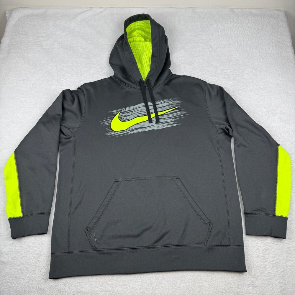 Nike Pullover Hoodie Mens Large Gray Neon Yellow Therma-FIT Graphic Swoosh